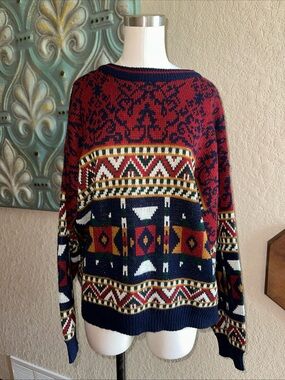 Vintage Trend Basics Fair Isle Aztec Knit Sweater XL Red Blue Geometric 90s
